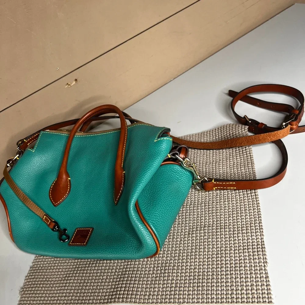 Dooney & Bourke Teal Pebbled Leather Satchel Crossbody Bag Brown Trim